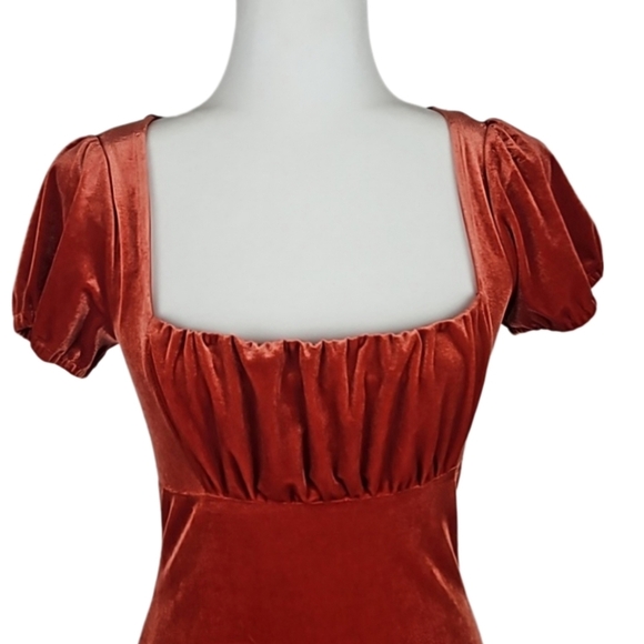 Retro Orange Velour Ruffle Trim Dress - Picture 2 of 9